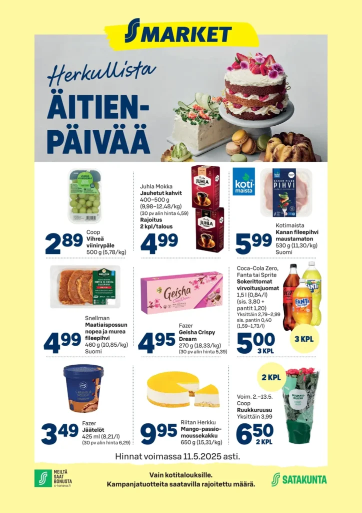s market tarjoukset herkullista äitien päivää voimassa 11.5.2025