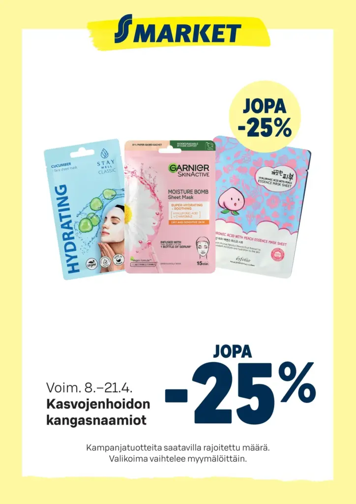 S-market kasvojenhoitonaamiot 8.4-21.4.2026