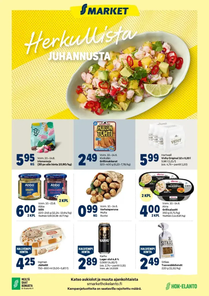 Kaupan s market tarjoukset herkullista juhannusta edullista hinta voimassa 14.6.2026 s-market tarjoukset juhannusta edullista voimassa 14.6.2026