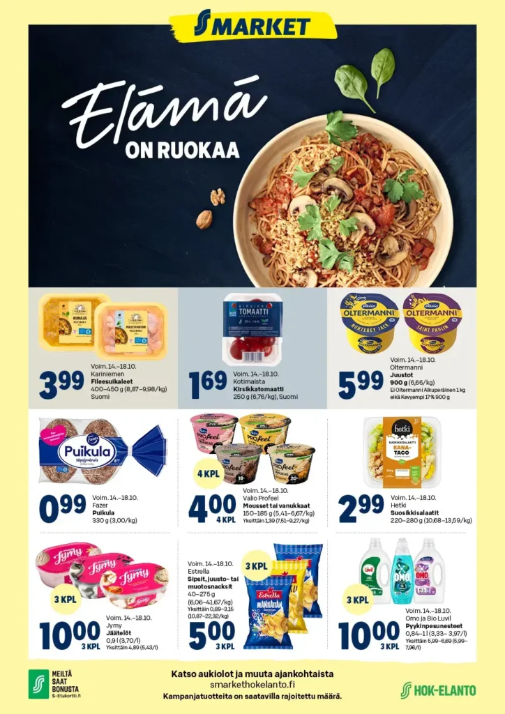 Kaupan S-market tarjoukset elämä on ruokaa edullista voimassa 18.10.2026 s-market tarjoukset ruoka edullista voimassa 18.10.2026